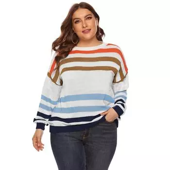 Женские полосатые свитера большого размера, весна 2024, уличная одежда, джемперы больших размеров, женская одежда, топы с круглым вырезом, распродажа с фабрики L синий
