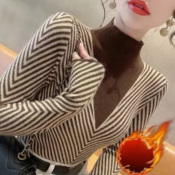 Женские полосатые свободные базовые вязаные свитера с полувысоким воротником, стильные утягивающие пуловеры осень-зима толстый трикотаж с длинным рукавом S чёрный