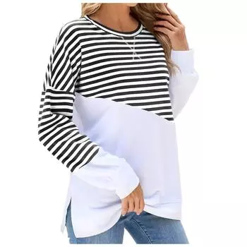 Женские полосатые топы, повседневный свитер с цветными блоками и круглым вырезом, свободный покрой, с боковыми разрезами, большой свитер S чёрный