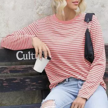 Женские полосатые топы с принтом, с длинным рукавом, с круглым вырезом, свободного кроя, базовые рубашки, весенне-осенние туники, футболки S