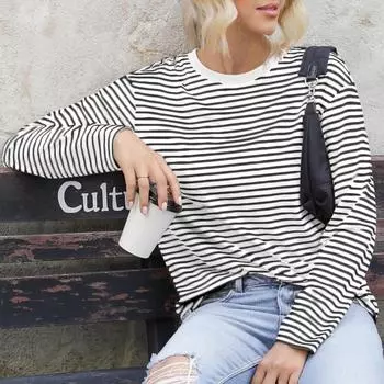 Женские полосатые топы с принтом, с длинным рукавом, с круглым вырезом, свободный крой, базовые футболки, повседневная одежда весна-осень S