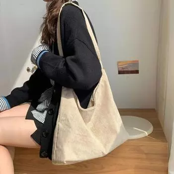 Женские полосатые вельветовые сумки, простая холщовая сумка через плечо и на молнии на молнии, кошелек из эко-ткани, однотонные сумки для книг для девочек-студенток 34 x 33 x 10CM бежевый