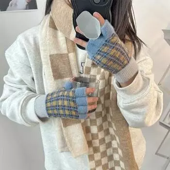 Женские полуоткрытые перчатки для зимы, для печати на компьютере, шахматная доска, корейская версия, полупальцевые перчатки, зимние теплые, для студентов, для письма