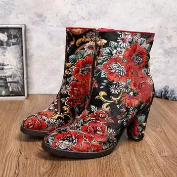 Женские полусапоги Johnature в этническом стиле с боковой молнией и цветочным принтом, изысканные туфли на высоком каблуке с принтом в стиле ретро