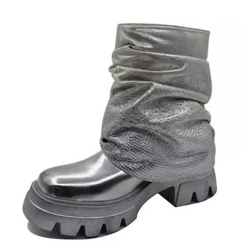 Женские полусапоги с круглым носком на платформе, толстые высокие каблуки, плиссированные металлические ботинки с кристаллами, женская модная обувь, зимняя обувь 44 36 серебряный