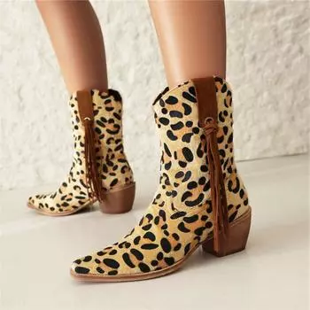 Женские полусапоги с круглым носком на толстом высоком каблуке, разноцветные ковбойские сапоги в стиле вестерн с кисточками, женская обувь, осень-зима 43 34 бежевый