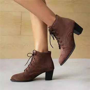 Женские полусапоги с круглым носком на высоком каблуке, армейские ботинки на шнуровке, женская модная обувь, зимняя обувь, черный, коричневый, розовый 43 35 чёрный