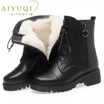 Женские полусапоги, зимние шерстяные теплые женские ботильоны большого размера в британском стиле, нескользящие женские зимние ботинки из натуральной кожи