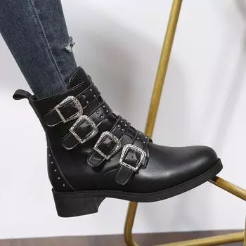Женские полусапожки на низком каблуке до середины голени, женские ботинки челси в стиле вестерн на молнии, повседневные туфли с пряжкой на весну и осень 36 чёрный
