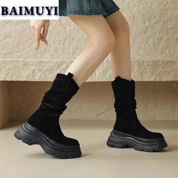 Женские полусапожки на плоской подошве, брендовая обувь 2025 года, модные высокие сапоги из плиссированной замши, зимние повседневные ботинки для ходьбы, женские ботинки 35 чёрный