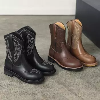 Женские полусапожки на среднем каблуке с круглым носком, осенне-зимние женские туфли, новые кожаные сапоги в стиле вестерн до середины голени в стиле пэчворк 35