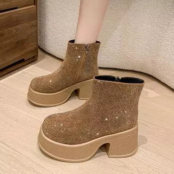 Женские полусапожки с круглой головкой, боковой молнией, толстой подошвой, противоскользящие, износостойкие, короткие, зимние, новые, на толстом каблуке 35 чёрный