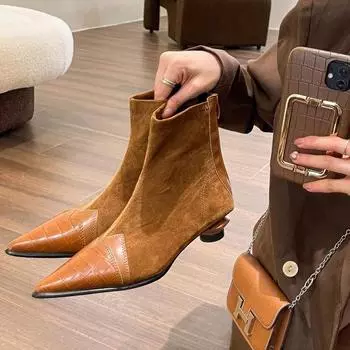 Женские полусапожки с острым носком на низком каблуке в стиле ретро из лоскутной кожи на низком эластичном каблуке-рюмочке, женские короткие сапоги на осень-зиму 35 коричневый