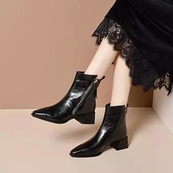 Женские полусапожки с острым носком на толстом каблуке средней высоты, челси, с косой молнией, ботинки-локомотивы, женские рыцарские сапоги 34