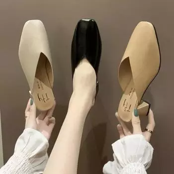 Женские полутапочки Baotou, коллекция 2024 года, новая летняя верхняя одежда, модная однотонная женская обувь на высоком каблуке с квадратным носком на толстом каблуке 39 чёрный
