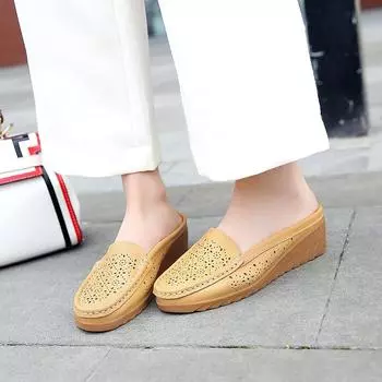 Женские полутапочки из натуральной кожи, дышащие, полая женская обувь на толстой подошве, полутапочки 36 жёлтый