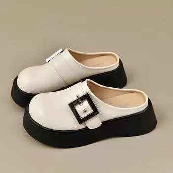 Женские полутапочки-мешки на толстой подошве 2025 года, весна-лето, новые ретро-туфли с увеличенной высотой, универсальные, нескользящие, ленивые, с одной педалью 35 чёрный