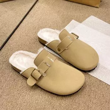 Женские полутапочки-мешки с толстым дном из бархата, которые можно носить осенью и зимой 2024 года, новые теплые пушистые тапочки большого размера в стиле ретро для женщин 35 хаки