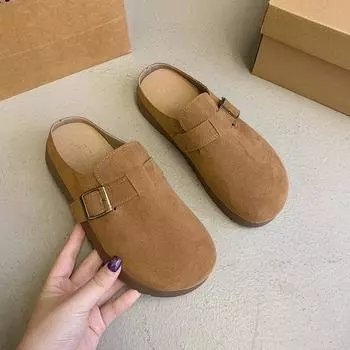 Женские полутапочки с толстой подошвой и круглым носком, новинка 2024 года, верхняя одежда, нескользящие, для спорта и отдыха, маленькие, увеличивающие рост, тапочки-мешки 35 хаки