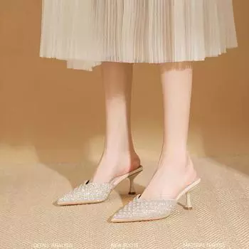 Женские полутапочки со стразами, лето 2025 года, новые туфли на шпильках с острым носком, корейская версия, темпераментные модные туфли с сумкой на голову, классные женские тапочки 34