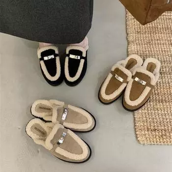 Женские полутапочки золотистого цвета с меховой подкладкой и толстым каблуком, осень/зима 2024 г. 35 абрикосовый