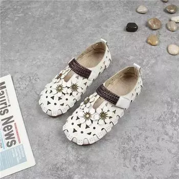 Женские полые сандалии Ретро сандалии Baotou 2024 Летние женские туфли с мягкой подошвой и цветами Туфли на плоской подошве Zapatos De Mujer 35 бежевый