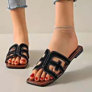 Женские полые тапочки на плоской подошве, летняя обувь в стиле ретро с квадратным открытым носком, повседневные уличные пляжные тапочки 35 чёрный