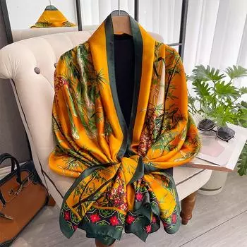 Женские популярные 180X90CM шелковые шарфы с принтом, атласные шали, женские, с буквами, пляжное полотенце, модная длинная бандана, платок, кашне