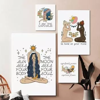 Женские постеры и принты Sun Moon Body Soul, женские абстрактные настенные художественные рисунки Муза, картинки для йоги для гостиной, домашний декор 21x30cm No Frame