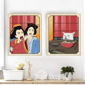 Женские постеры с изображением кошек, ретро украшения дома, забавное украшение, холст, живопись, японская гейша 21cm30cm NoFrame