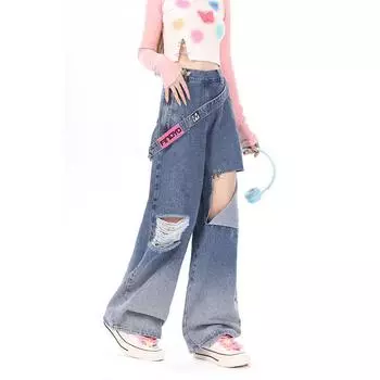 Женские потертые джинсы с боковой молнией в американском стиле. Тонкая одежда. Тяжелое мастерство. Широкие брюки с высокой талией. Уличные длинные брюки. L синий