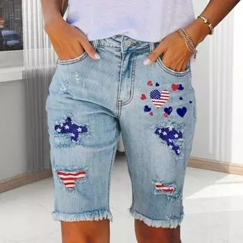 Женские потертые рваные джинсовые шорты с высокой талией, эластичные шорты с американским флагом, летние повседневные джинсовые шорты L светло-синий