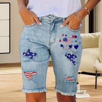 Женские потертые рваные джинсовые шорты Yousheng, эластичные шорты с высокой талией и принтом американского флага, летние повседневные джинсовые шорты S светло-синий