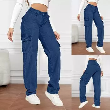 Женские потертые женские джинсы с высокой талией Модные универсальные прямые брюки L синий