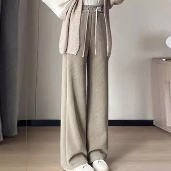 Женские повседневные эластичные брюки с высокой талией и флисовой подкладкой, широкие брюки, зимние теплые утолщенные прямые брюки M чёрный