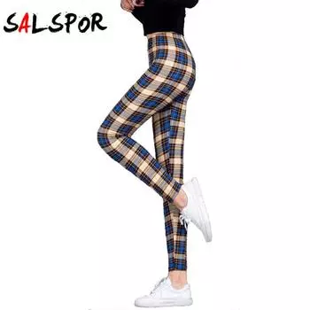 Женские повседневные эластичные узкие леггинсы в клетку с высокой талией и шлифованными ногами, брюки