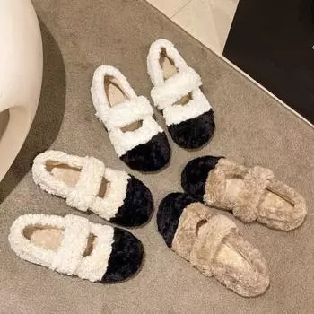 Женские повседневные балетки теплые туфли зимняя мода пушистые слипоны хлопчатобумажные туфли для дома спальни 35