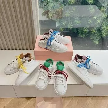 Женские повседневные белые кроссовки осень/зима 2024 года: Европейская натуральная кожа с цветными ремешками 37
