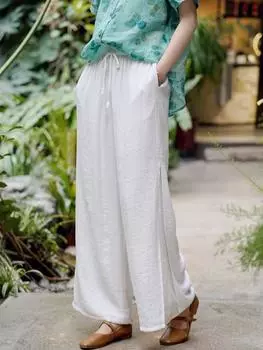 Женские повседневные белые широкие брюки с эластичным поясом и карманами, летние лоскутные брюки с высокой талией