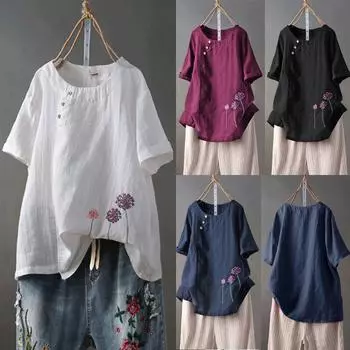 Женские повседневные блузки из хлопка и льна больших размеров с вышивкой и пуговицами XXXXXL тёмно-синий