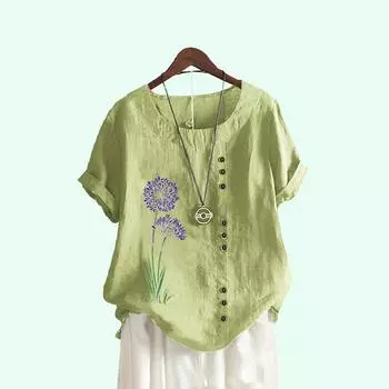 Женские повседневные блузки с цветочным принтом и круглым вырезом, летние пуловеры с короткими рукавами и свободные футболки больших размеров S коричневый