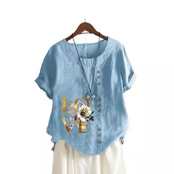 Женские повседневные блузки с круглым вырезом и принтом, летняя модная футболка с коротким рукавом, женский пуловер больших размеров, свободная рубашка S коричневый