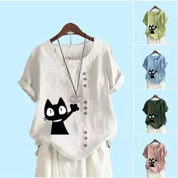 Женские повседневные блузки с принтом, модная футболка с коротким рукавом, летняя свободная рубашка с круглым вырезом, рубашка больших размеров S коричневый