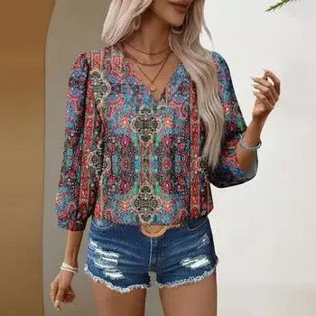 Женские повседневные блузки с V-образным вырезом и цветочным принтом, рукав 3/4, бохо, осенние топы, рубашки L