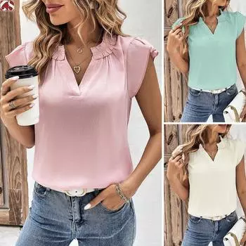 Женские повседневные блузки с V-образным вырезом, оборками по краю, плиссированные рукава с оборками, рубашки S