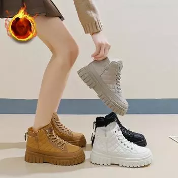 Женские повседневные ботинки для снега на толстой платформе с подкладкой из искусственного меха, нескользящие, со шнуровкой, зимние, теплые, ботильоны, обувь для женщин, удобные, короткие ботинки 35 чёрный