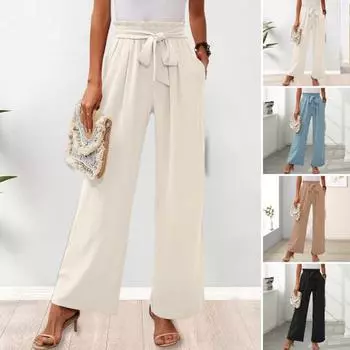 Женские повседневные брюки, эластичные брюки с высокой талией на шнуровке, однотонные брюки с карманами, прямые, широкие, длинные