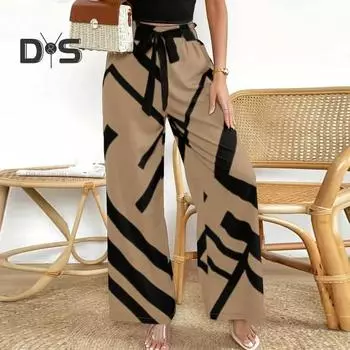 Женские повседневные брюки, эластичные брюки с высокой талией и регулируемым шнурком, широкие длинные брюки, спортивные брюки с принтом M хаки