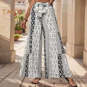 Женские повседневные брюки, эластичные пляжные брюки с высокой талией на шнуровке, широкие свободные брюки с принтом в этническом стиле S чёрный