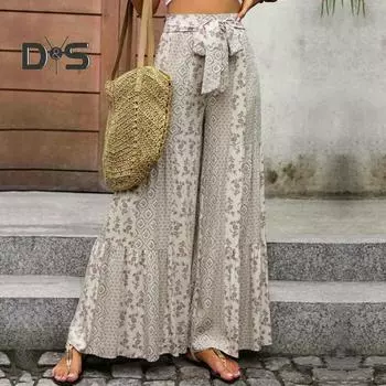 Женские повседневные брюки, эластичные пляжные брюки с высокой талией на шнуровке, широкие свободные брюки с принтом в этническом стиле S чёрный